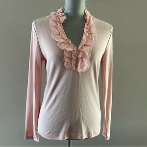 Ralph Lauren cotton women’s Sz M ruffle neck top long sleeve pink blouse